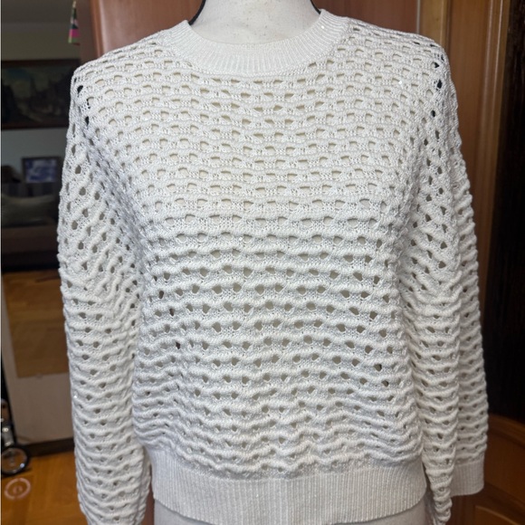 Brunello Cucinelli Textured Off White open knit Crew Neck Sweater Sz 4